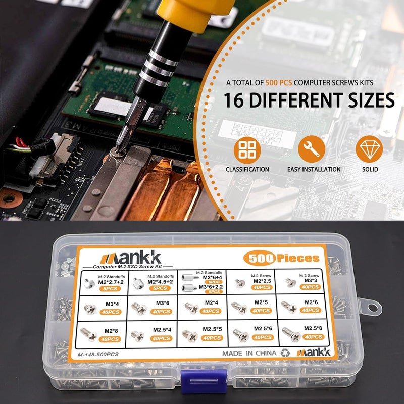 mankk 500PCS M.2 SSD Screw Kit M.2 SSD Mounting Screws Motherboard Standoffs M.2 M2.5 M3 NVMe Screw for Laptop PC Repair & DIY - Image 3